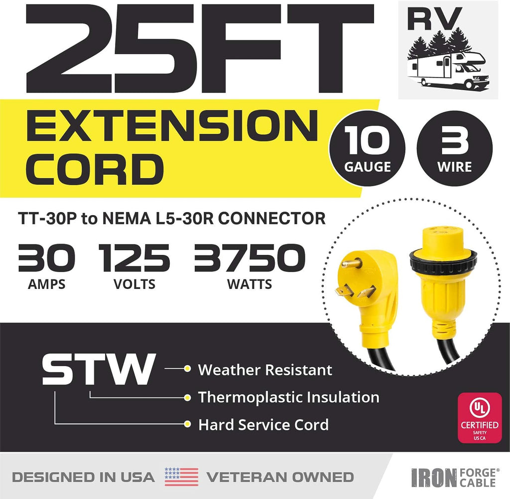 30 Amp RV Extension Cord 25 Ft 10/3 STW TT-30P to NEMA L5-30R 125v Power Cord Pack of 2 L658
