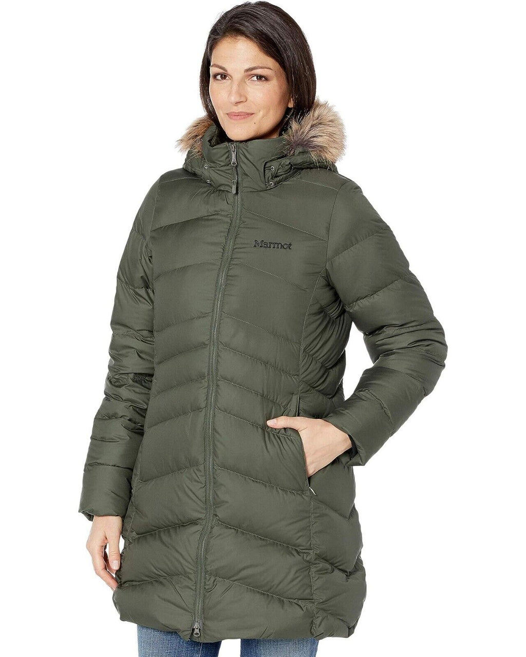 Olive Green Hooded Faux-Fur-Trim Coat Size XL Y57045