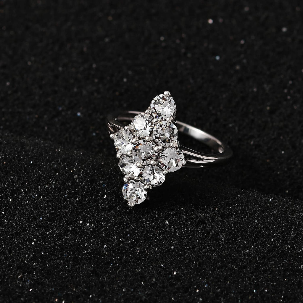 White Crystal Round 925 Sterling Silver Platinum Plated Cluster Ring Size 9 K778
