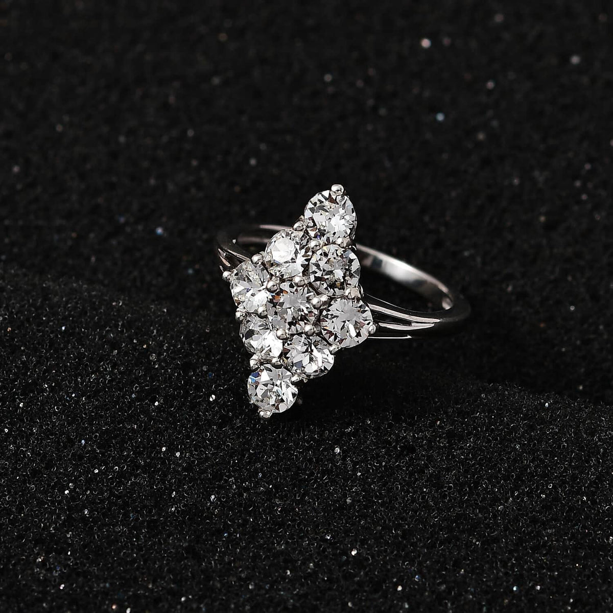 White Crystal Round 925 Sterling Silver Platinum Plated Cluster Ring Size 9 K778