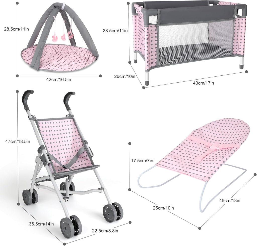 Baby Doll Stroller Crib Bed Nursery Role Play Set with Accessories and Play Mat O9834