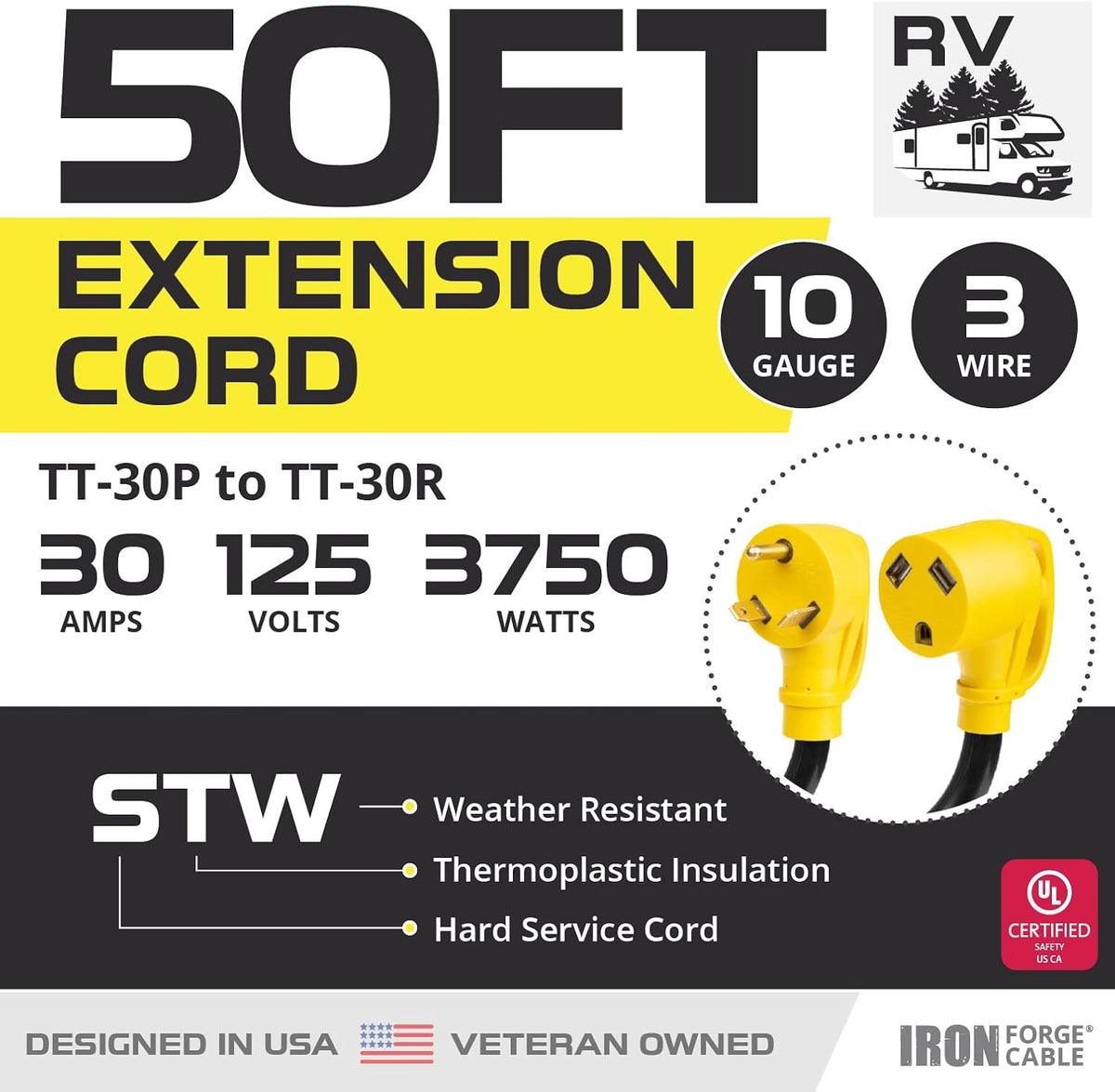 30 Amp RV Extension Cord 25 Ft 10/3 STW TT-30P to NEMA L5-30R 125v Power Cord Pack of 2 L658