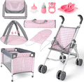 Baby Doll Stroller Crib Bed Nursery Role Play Set with Accessories and Play Mat O9834