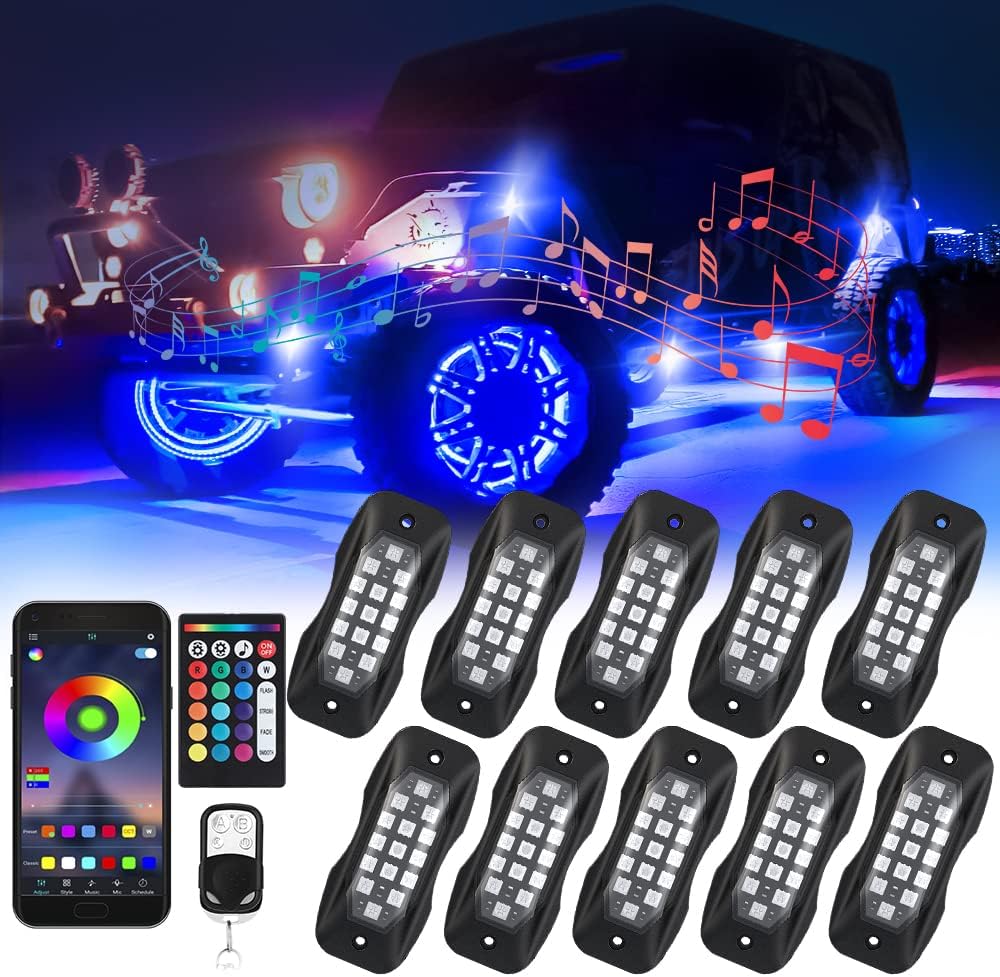 RGB LED Rock Lights 10 Pods Underglow Light Kit 150 LEDs Waterproof Bluetooth App Control Music Mode Wheel Well Lights Pack of 2 I34574