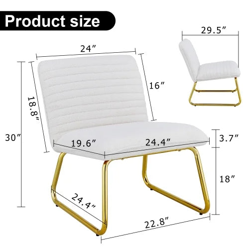White minimalist armless sofa chair with plush cushion and backrest and golden metal legs Q681973