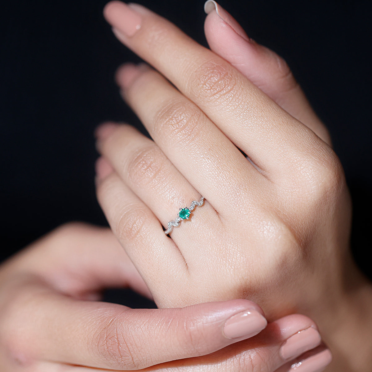 Emerald Leaf Promise Ring with Diamond, 925 Sterling Silver, US 4.00 L6185
