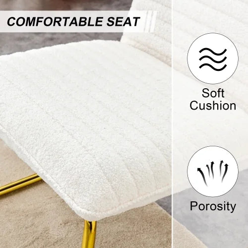 White minimalist armless sofa chair with plush cushion and backrest and golden metal legs Q681973