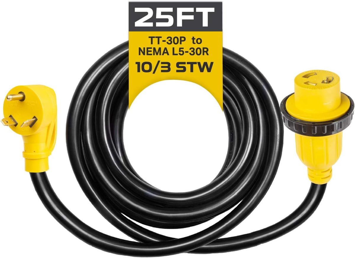 30 Amp RV Extension Cord 25 Ft 10/3 STW TT-30P to NEMA L5-30R 125v Power Cord Pack of 2 L658