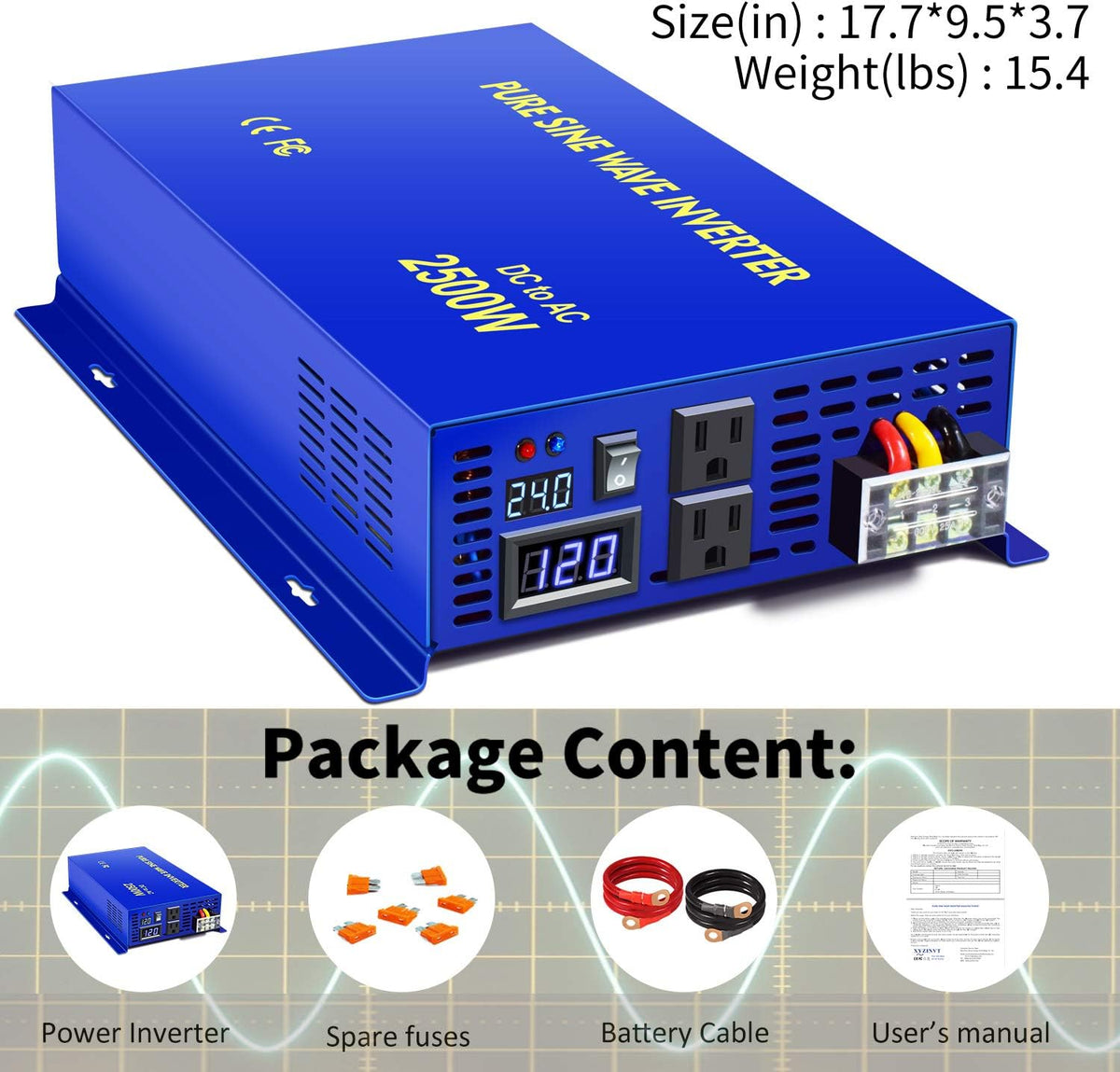 2500W Pure Sine Wave Inverter 24v to 110V 120V AC with Wireless Remote Switch H1142