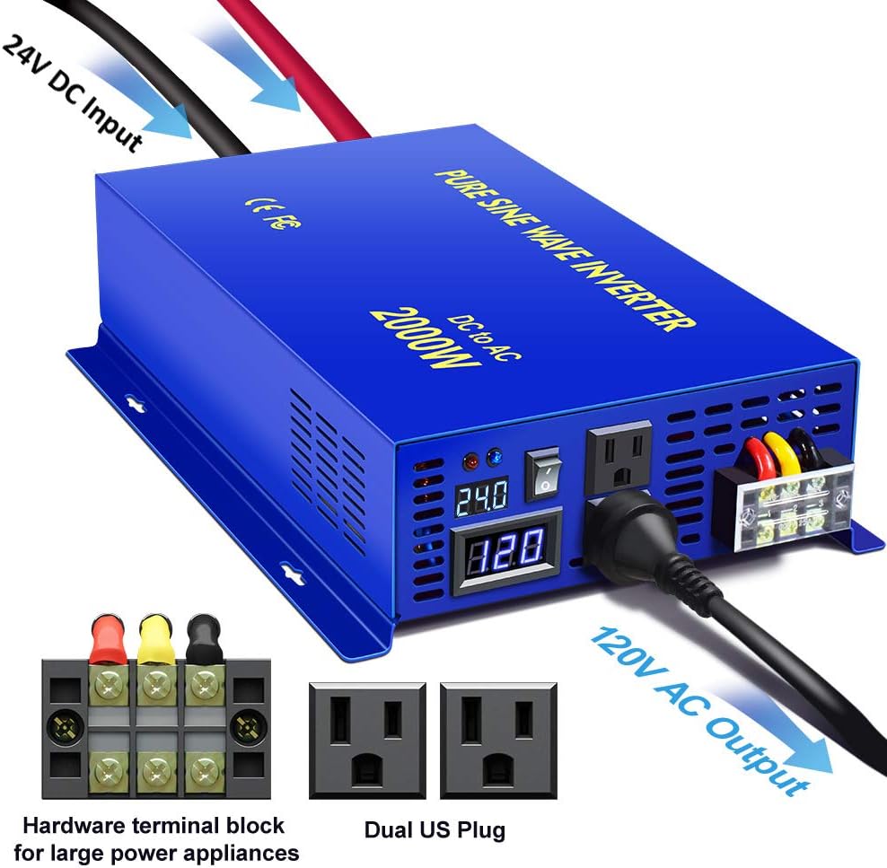 2500W Pure Sine Wave Inverter 24v to 110V 120V AC with Wireless Remote Switch H1142
