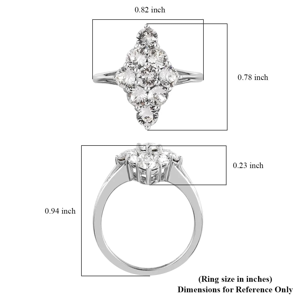 White Crystal Round 925 Sterling Silver Platinum Plated Cluster Ring Size 9 K778