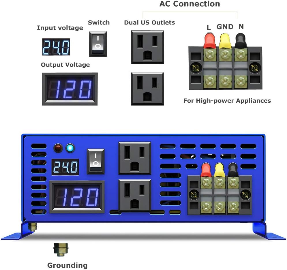 2500W Pure Sine Wave Inverter 24v to 110V 120V AC with Wireless Remote Switch H1142