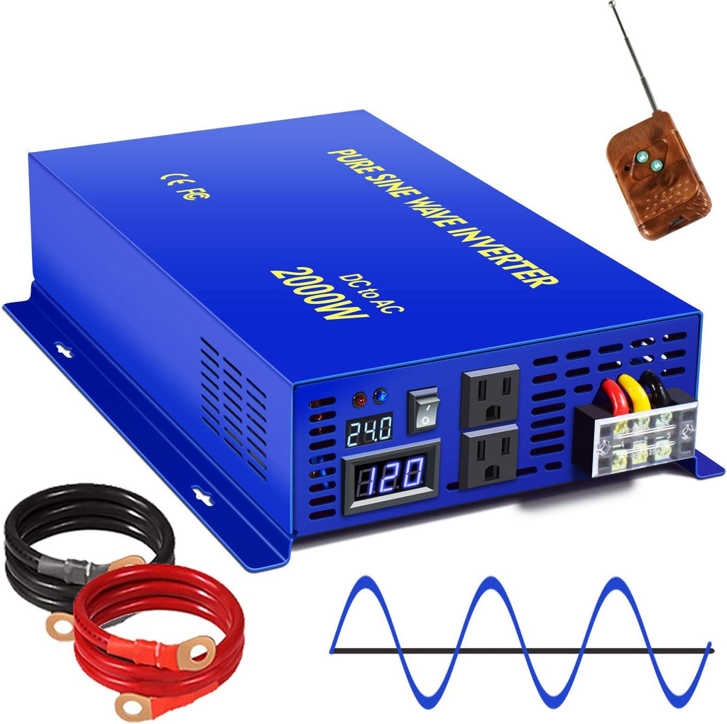 2500W Pure Sine Wave Inverter 24v to 110V 120V AC with Wireless Remote Switch H1142