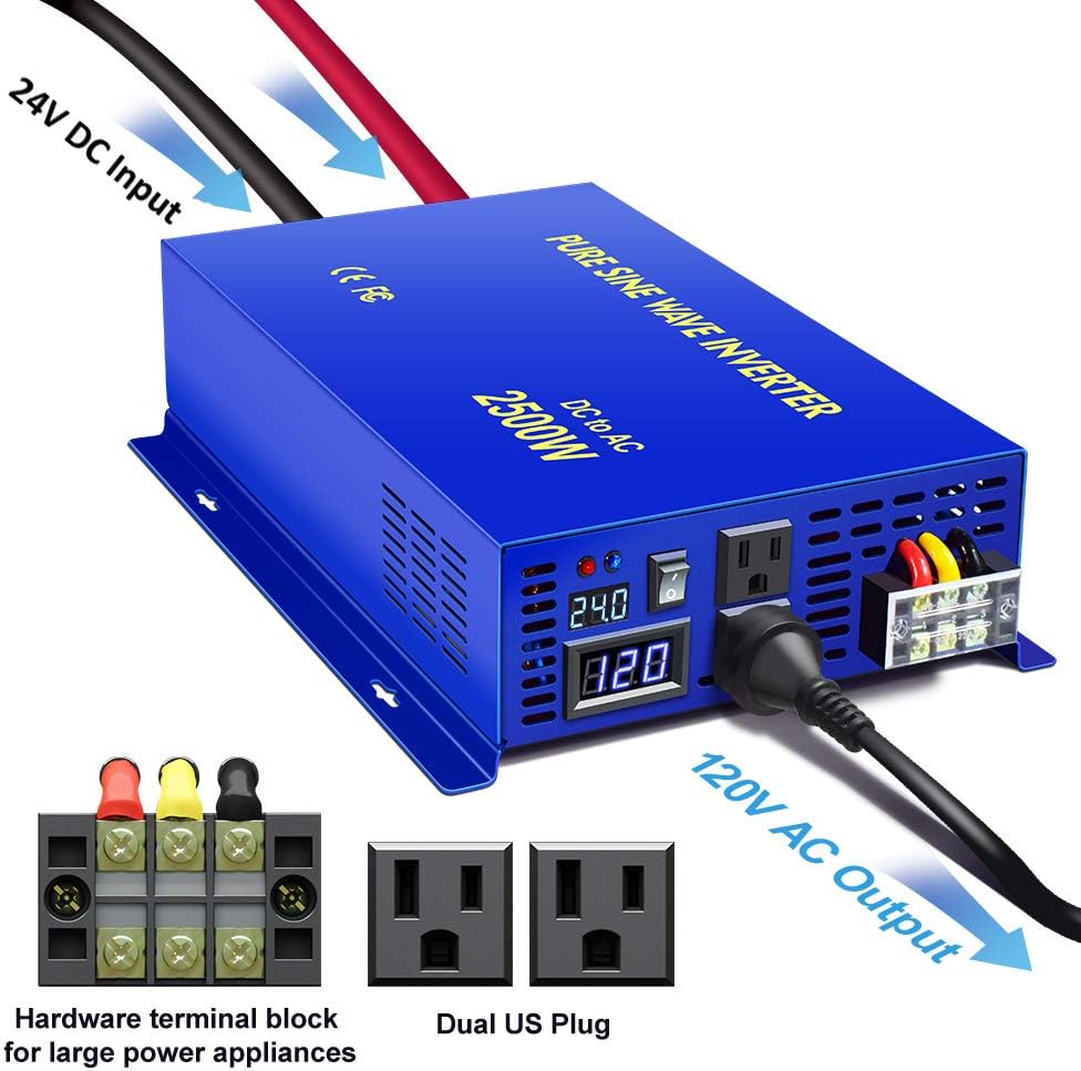 2500W Pure Sine Wave Inverter 24v to 110V 120V AC with Wireless Remote Switch H1142