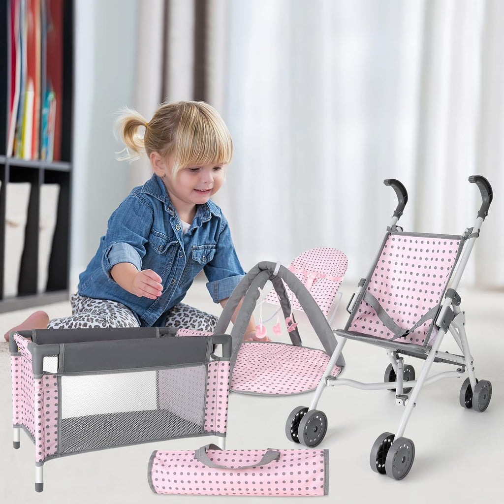 Baby Doll Stroller Crib Bed Nursery Role Play Set with Accessories and Play Mat O9834