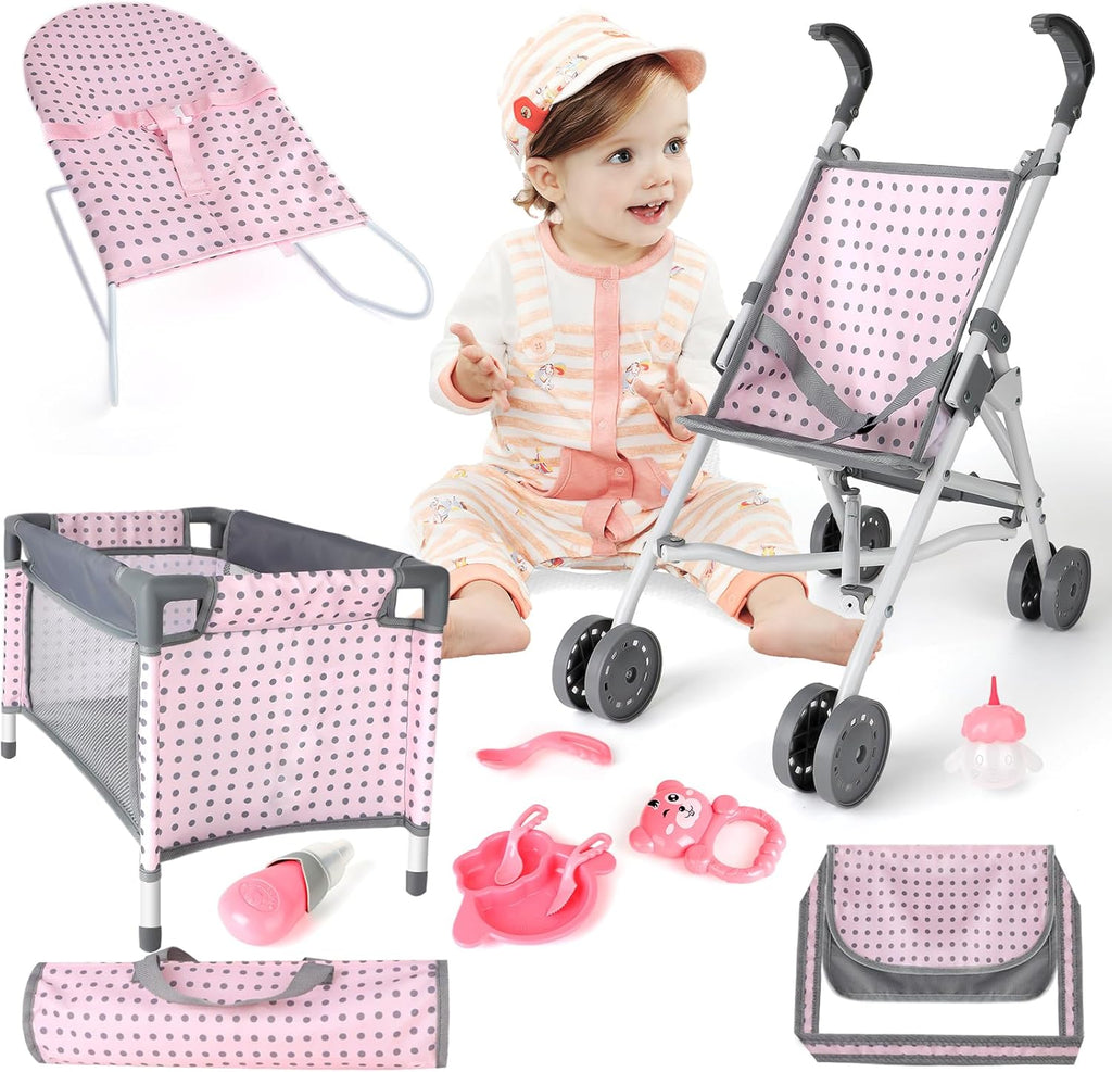 Baby Doll Stroller Crib Bed Nursery Role Play Set with Accessories and Play Mat O9834