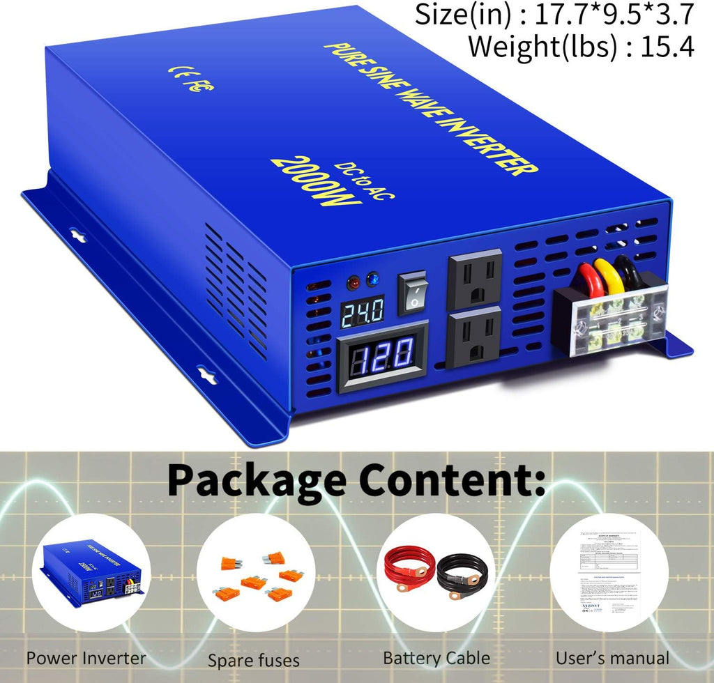 2500W Pure Sine Wave Inverter 24v to 110V 120V AC with Wireless Remote Switch H1142