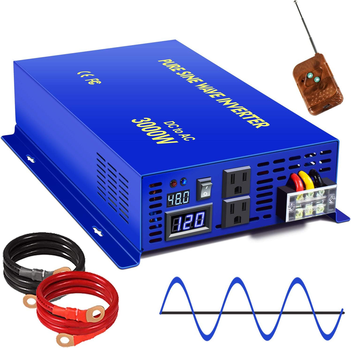 2500W Pure Sine Wave Inverter 24v to 110V 120V AC with Wireless Remote Switch H1142