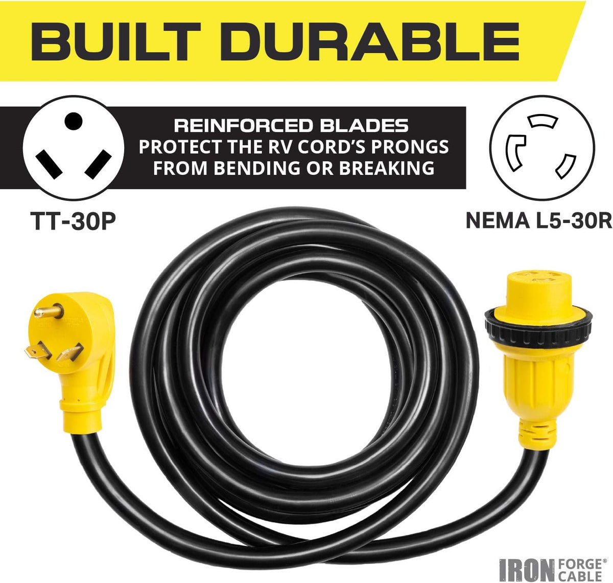 30 Amp RV Extension Cord 25 Ft 10/3 STW TT-30P to NEMA L5-30R 125v Power Cord Pack of 2 L658