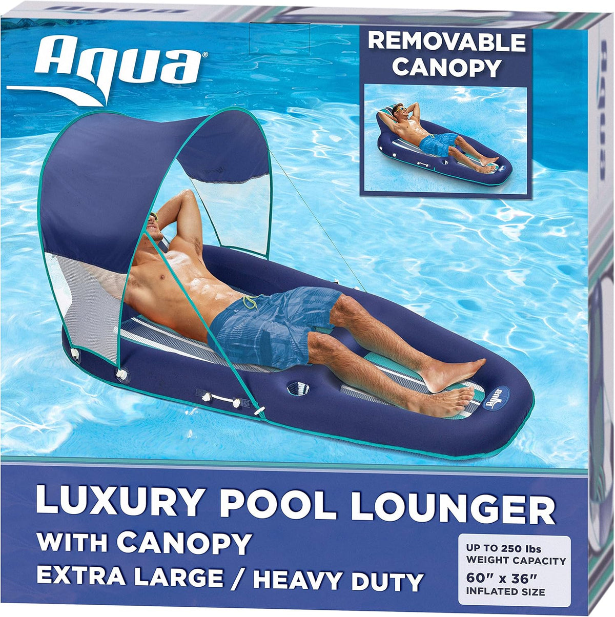 Navy Aqua White Stripe Inflatable Pool Float Lounge with Sunshade Canopy and Cupholder Q71396