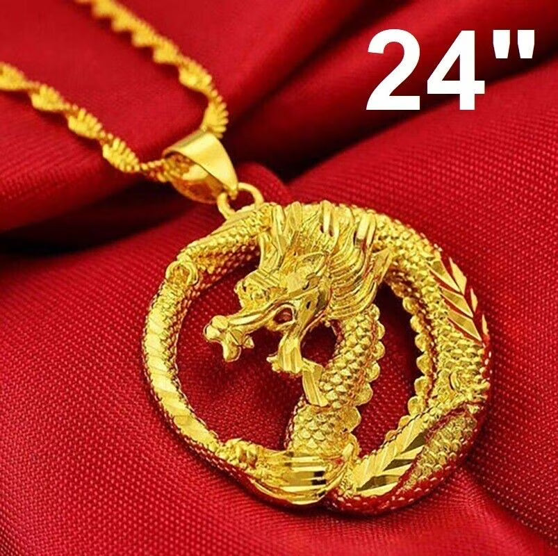 18k Gold Filled Sterling Silver Dragon Mens 24" Link Pendant Necklace Y324